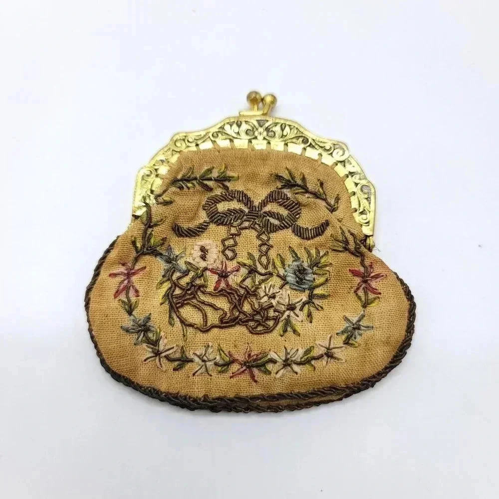 Antique Petit Point Purse Small Coin Purse Gold Thread